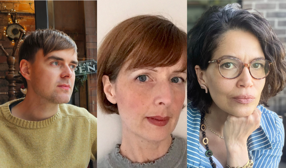A collage of three headshots. From left: a man with brown hair; a woman with short reddish hair; and a woman with dark hair wearing glasses.