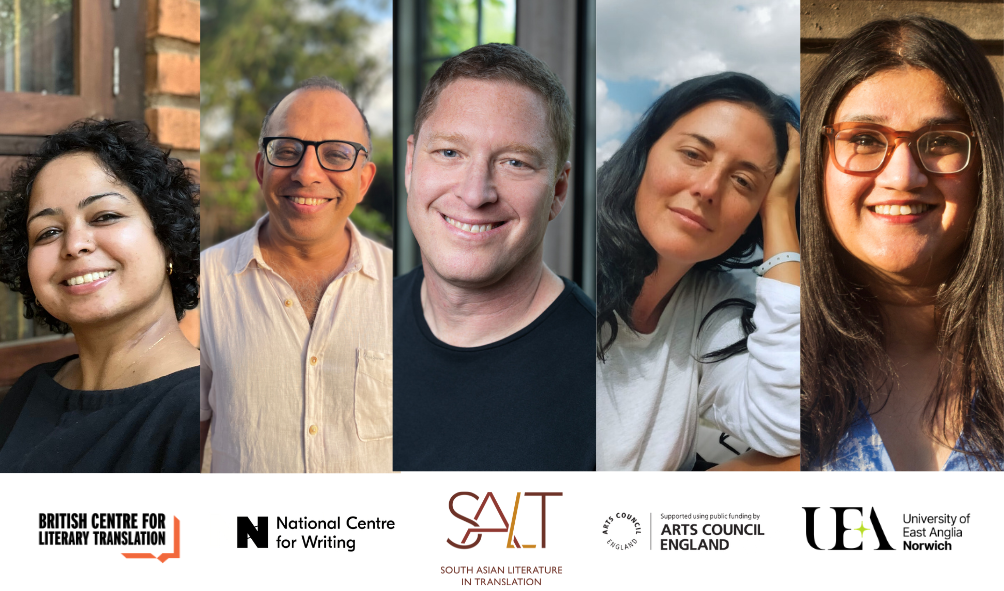 A composite image with headshots of five smiling people in a row. Below are logos for literary organizations, including SALT and Arts Council England.