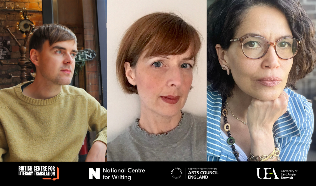 A composite image of three headshots: a man and two women. Below is a black banner with logos for several literary and arts organizations.