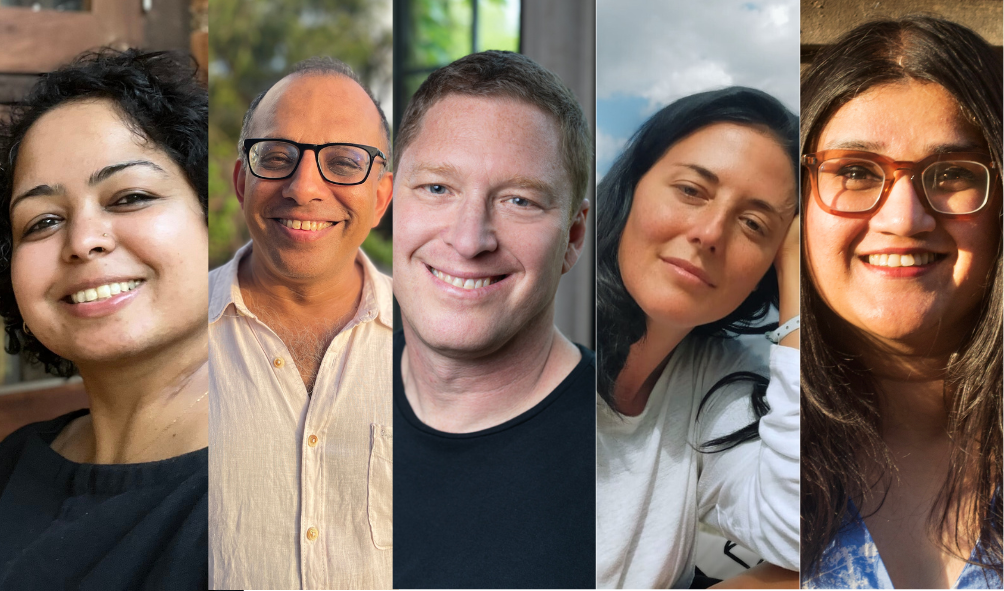 A collage of headshots features a diverse group of five people—three women and two men—smiling warmly at the camera.