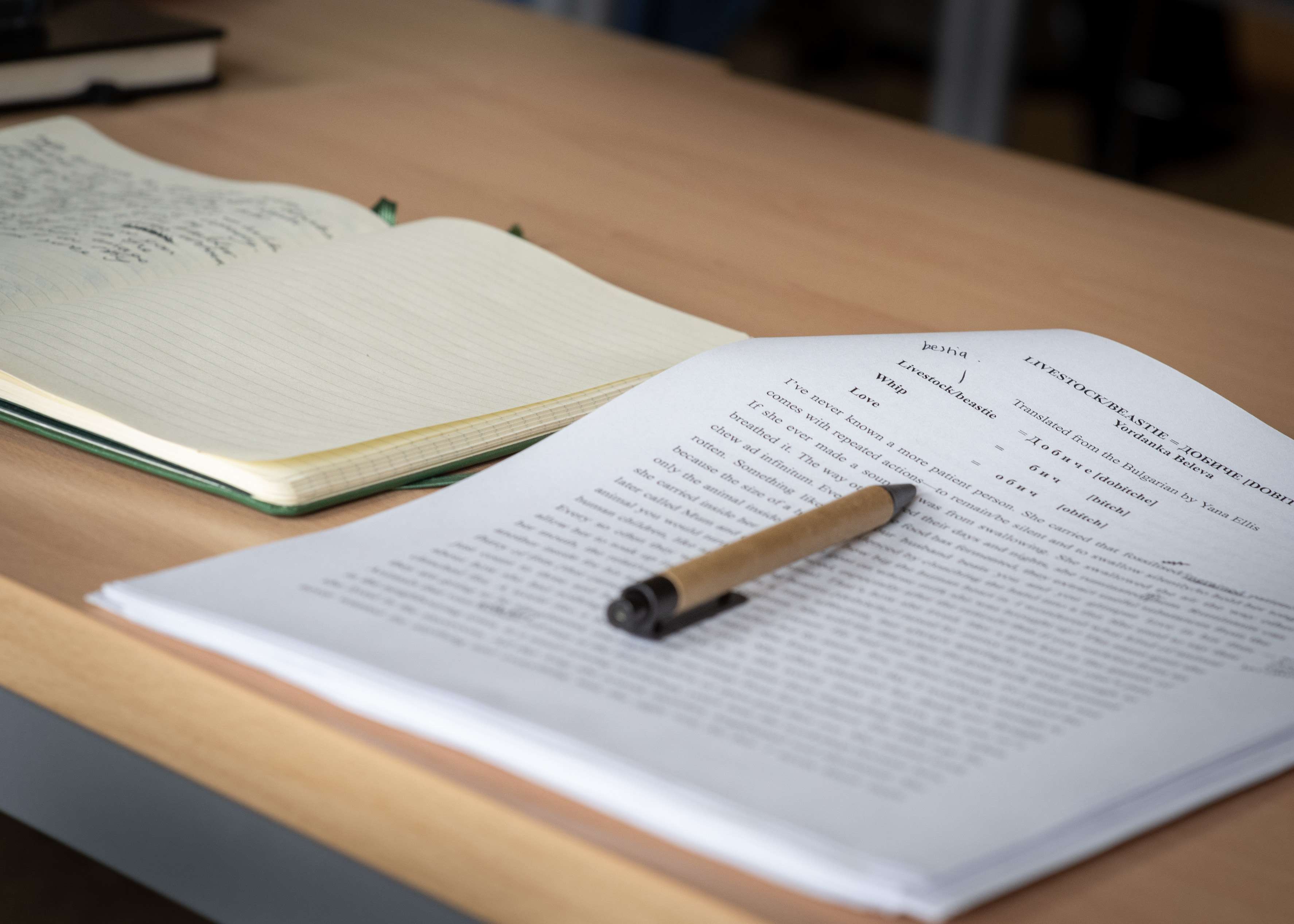 A pen rests on a printed document showing a literary translation from Bulgarian. An open, handwritten notebook is visible in the background.