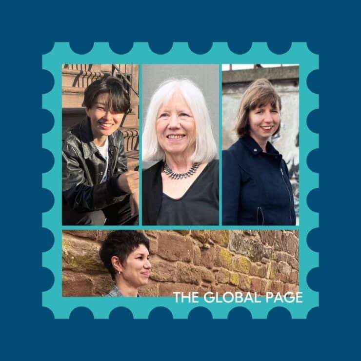 A collage of four photos of smiling women framed within a teal postage stamp design. The text "THE GLOBAL PAGE" is at the bottom.
