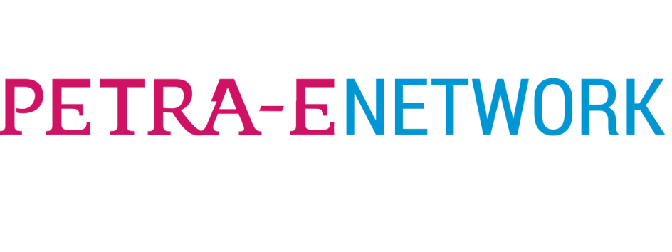 Logo displaying "PETRA-E NETWORK" with "PETRA-E" in red and "NETWORK" in blue, set against a transparent background.