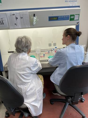 Margaret pictured with PhD student Emma Bull, a researcher in Dr Green’s lab.