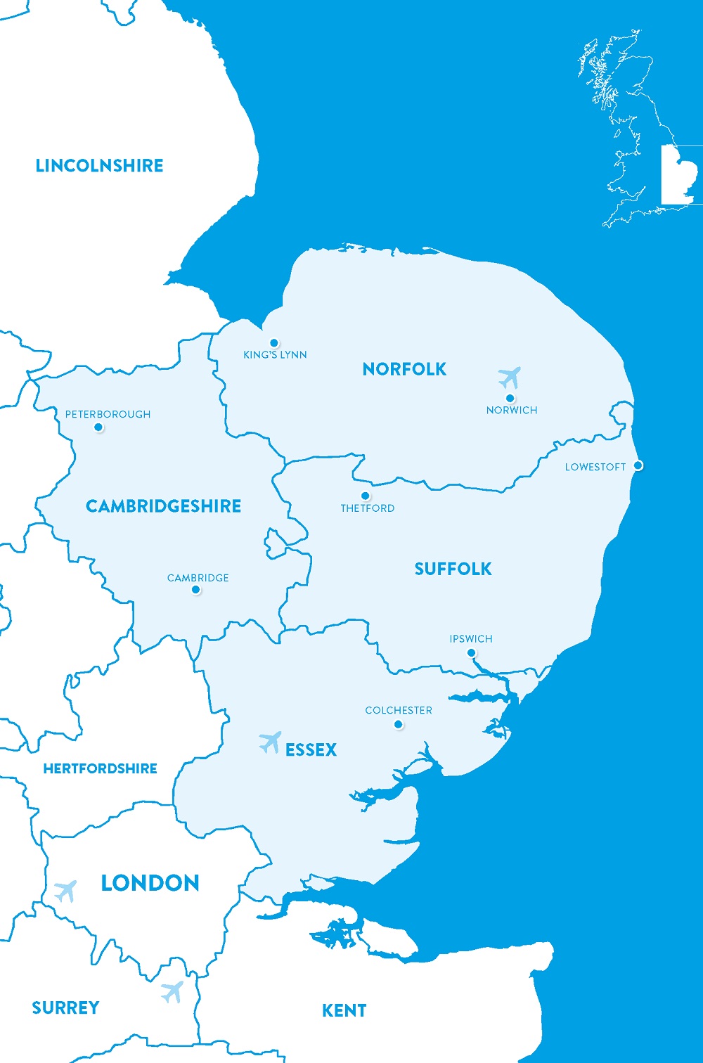 Map showing which counties you could have a school placement in: Norfolk, Suffolk, Cambridgeshire and Essex