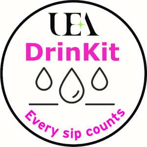 The DrinKit logo which has the UEA logo in a circle, with "Drinkit" underneath, three drops of water and the words "every sip counts"