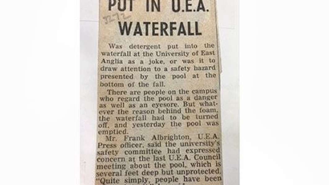 Newspaper cutting about detergent being put in a UEA waterfall