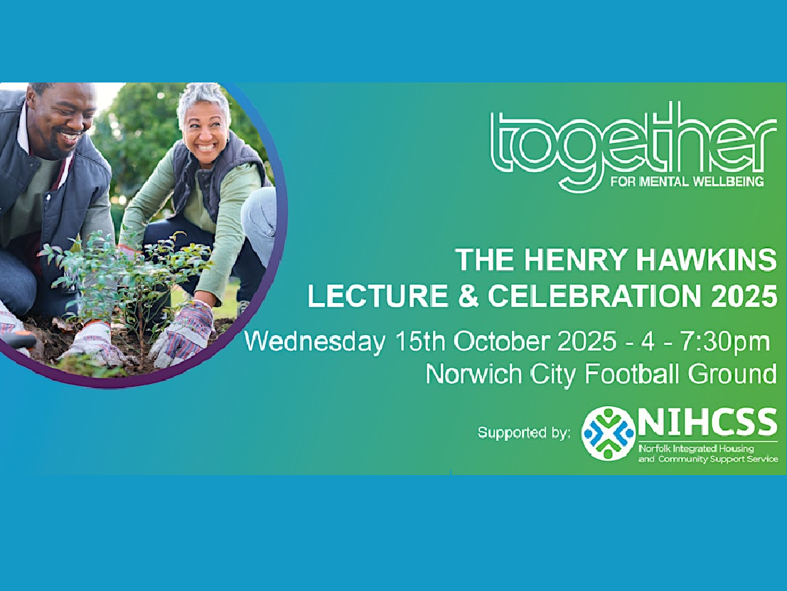 People gardening with event details for "The Henry Hawkins Lecture & Celebration 2025" at Norwich City Football Ground, supported by NIHCCSS.
