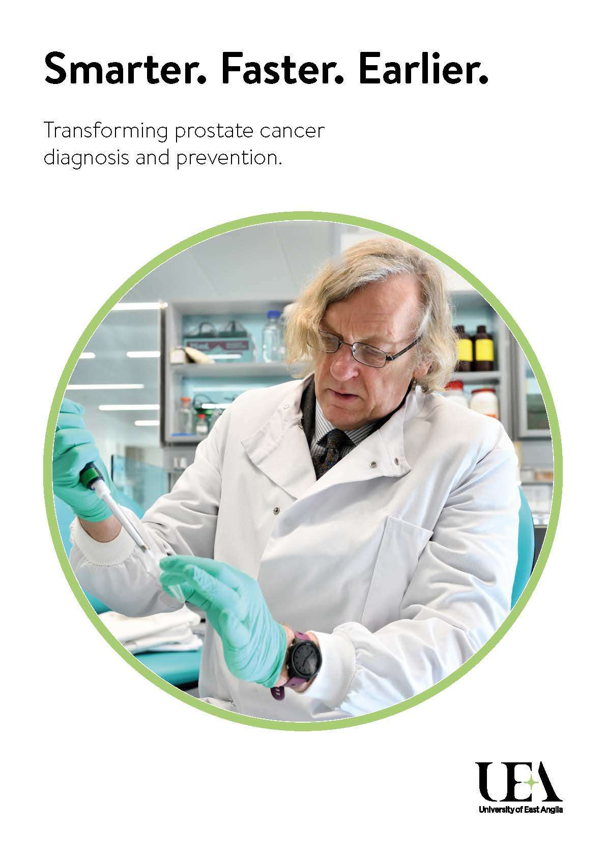 Prostate Cancer Research at UEA brochure cover of someone performing a test in a lab.
