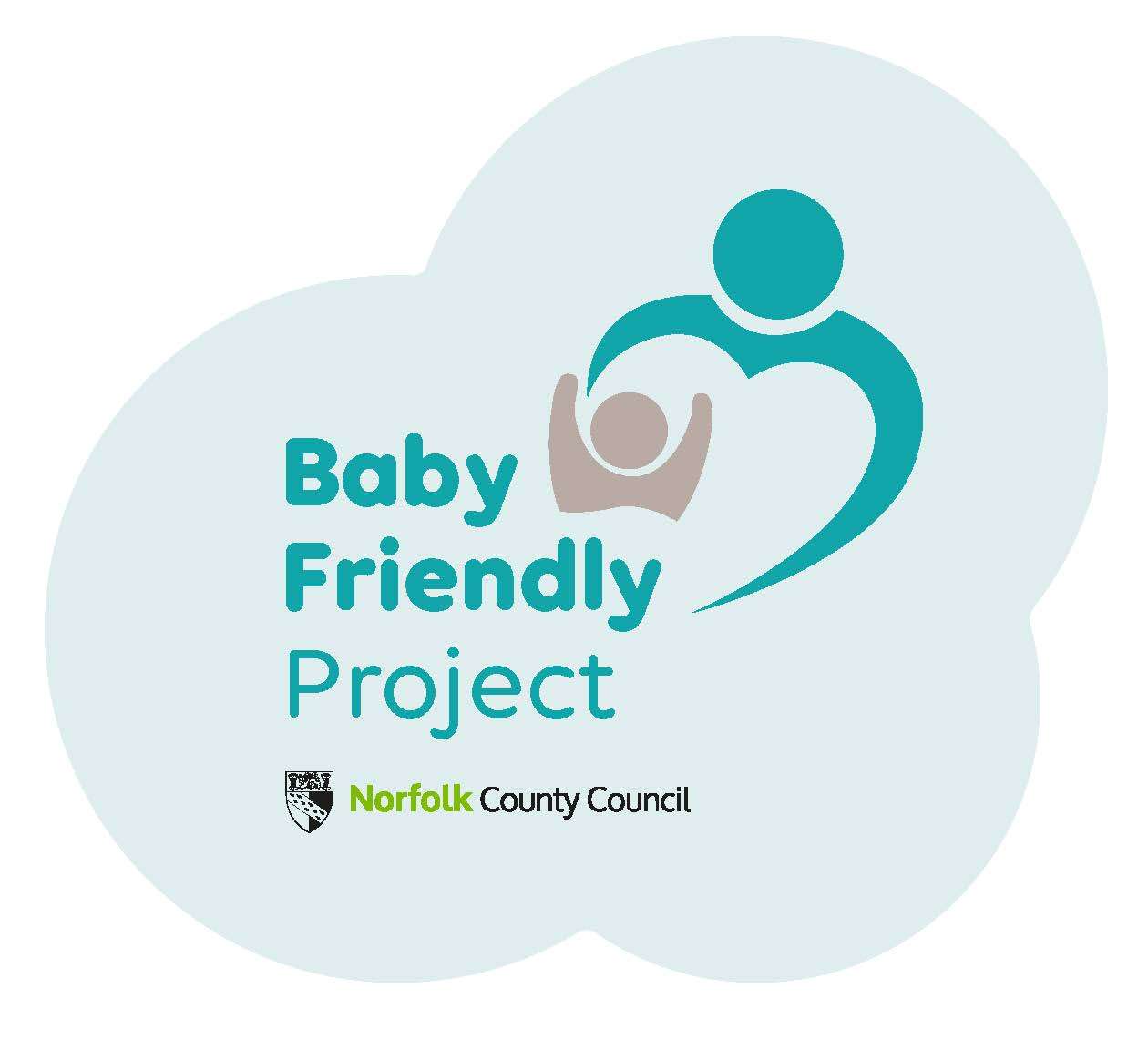 Logo for 'Baby Friendly Project' from Norfolk County Council, with a parent and child figure in neutral tones