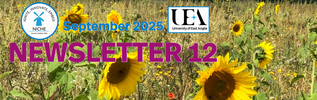 A field of sunflowers with the text September 2025, Newsletter 12 written in blue and purple over it.