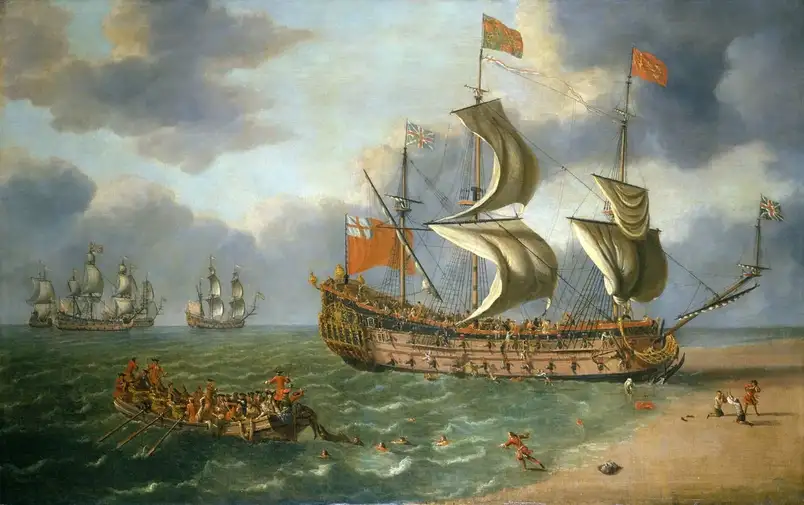 A painting of a shipwreck by  beach. there are other ships in the background and some people are in the sea.