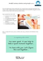 Informative page on mindful sentence starters for practitioners, featuring a card example and list of focus areas. Logo in the top right corner.