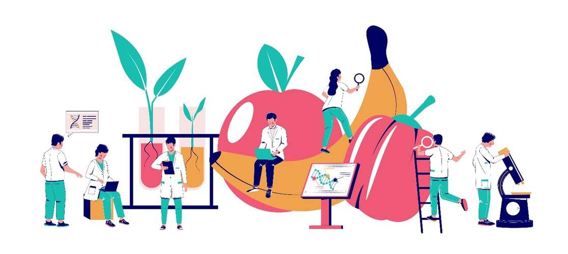A graphic of large fruit and vegetables with tiny people dressed as scientists examining it