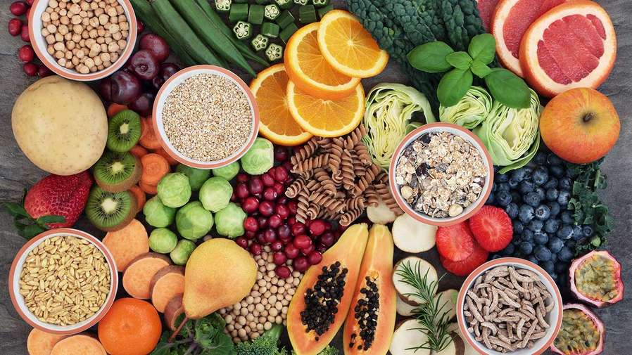 A colourful array of fruit and vegetables and wholegrains