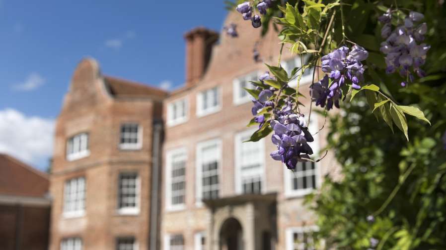 Earlham house behind purple flower
