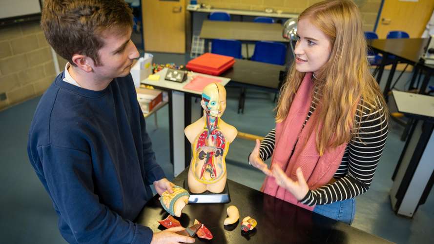 trainee teachers with biology model