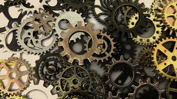 Metal cogs scattered on white floor