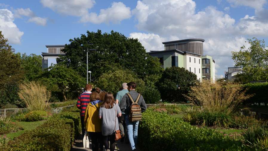Prospective students and guests attending a tour on Open Day on campus.