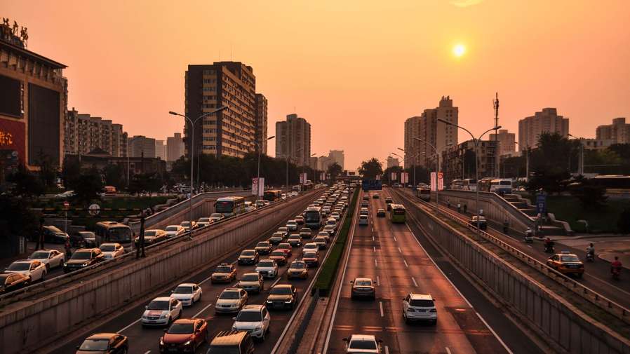 Sunset over city skyline