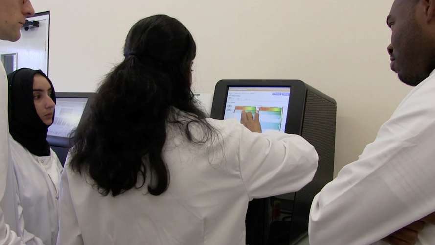 research students in bioinformatics using equipment 