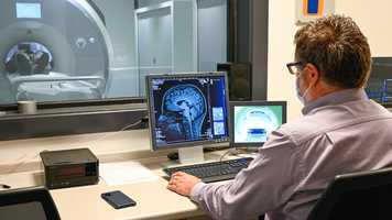 Researcher looking at scan of head in Wellcome-Wolfson Brain Imaging Centre