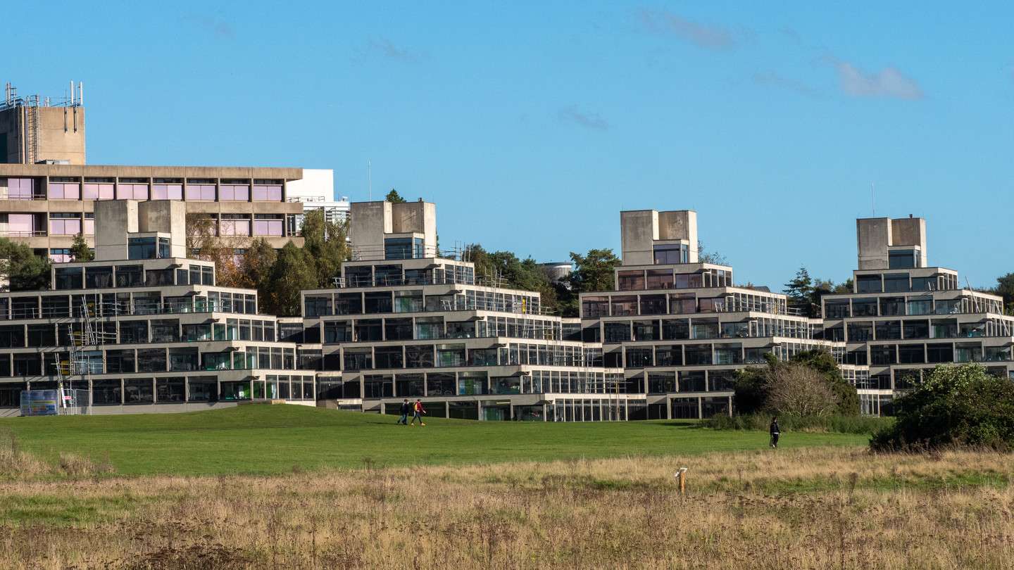 View of UEA ziggurat buildings on campus in Autumn