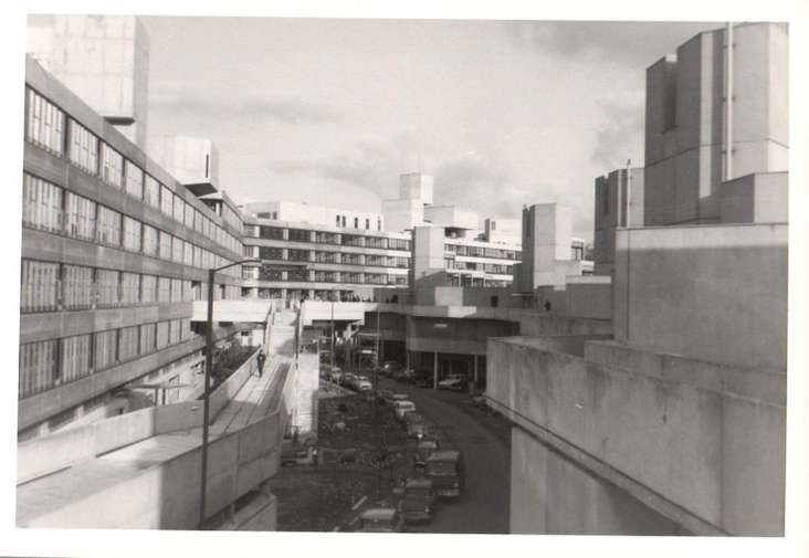 The Teaching Wall at UEA from September 1972. Lots of brutalist concrete buildings in a black and white photograph.