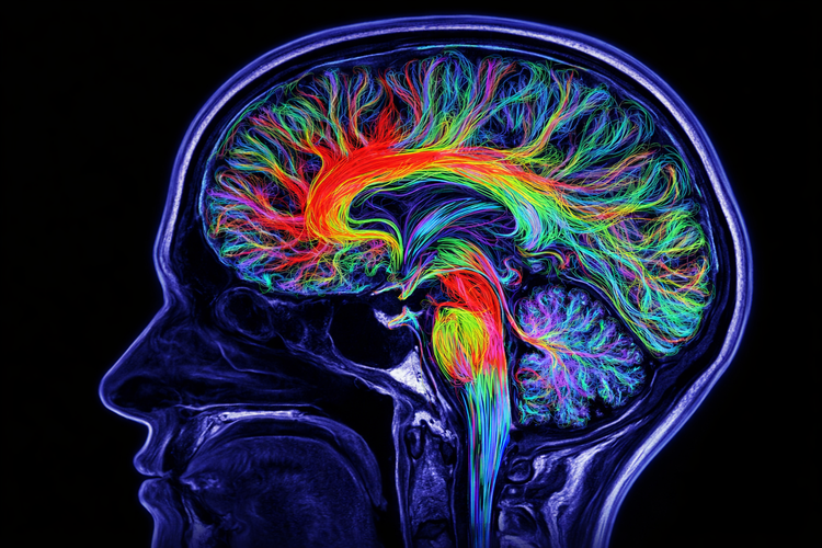 A colourful visualisation of the brain's white matter tracts from a DTI scan, showcasing neuroscience and medical imaging research in Norwich.