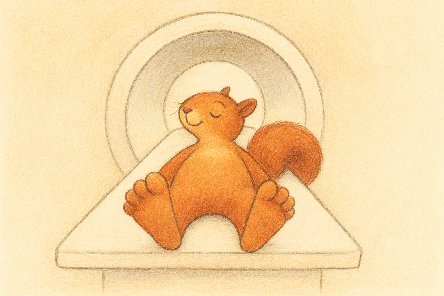 An AI generated image of a caricature of a squirrel lying on an MRI scanner table