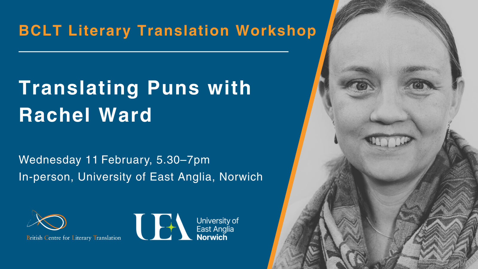 Promotional poster for "Translating Puns with Rachel Ward," BCLT workshop, 11 February, 5:30–7pm, at the University of East Anglia, Norwich.