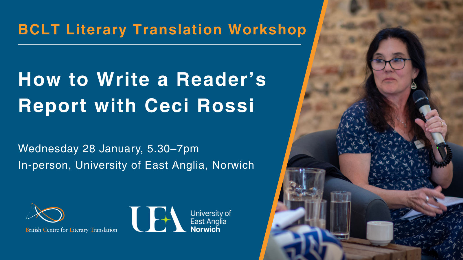 A woman speaks at the BCLT Literary Translation Workshop on writing a reader's report. Event on 28 January at the University of East Anglia.