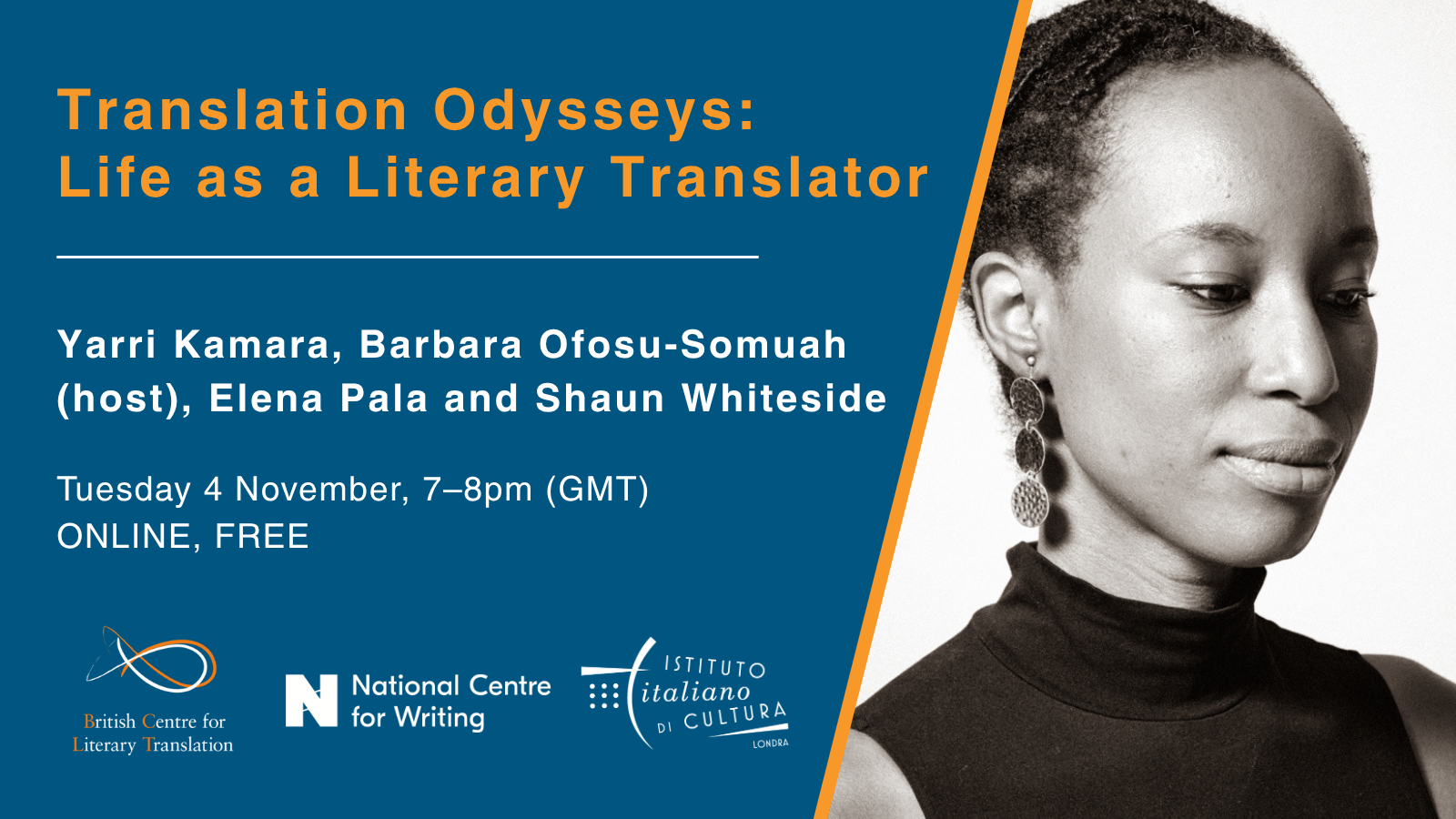 Event poster for "Translation Odysseys: Life as a Literary Translator" with a woman's profile, event details, and logos.