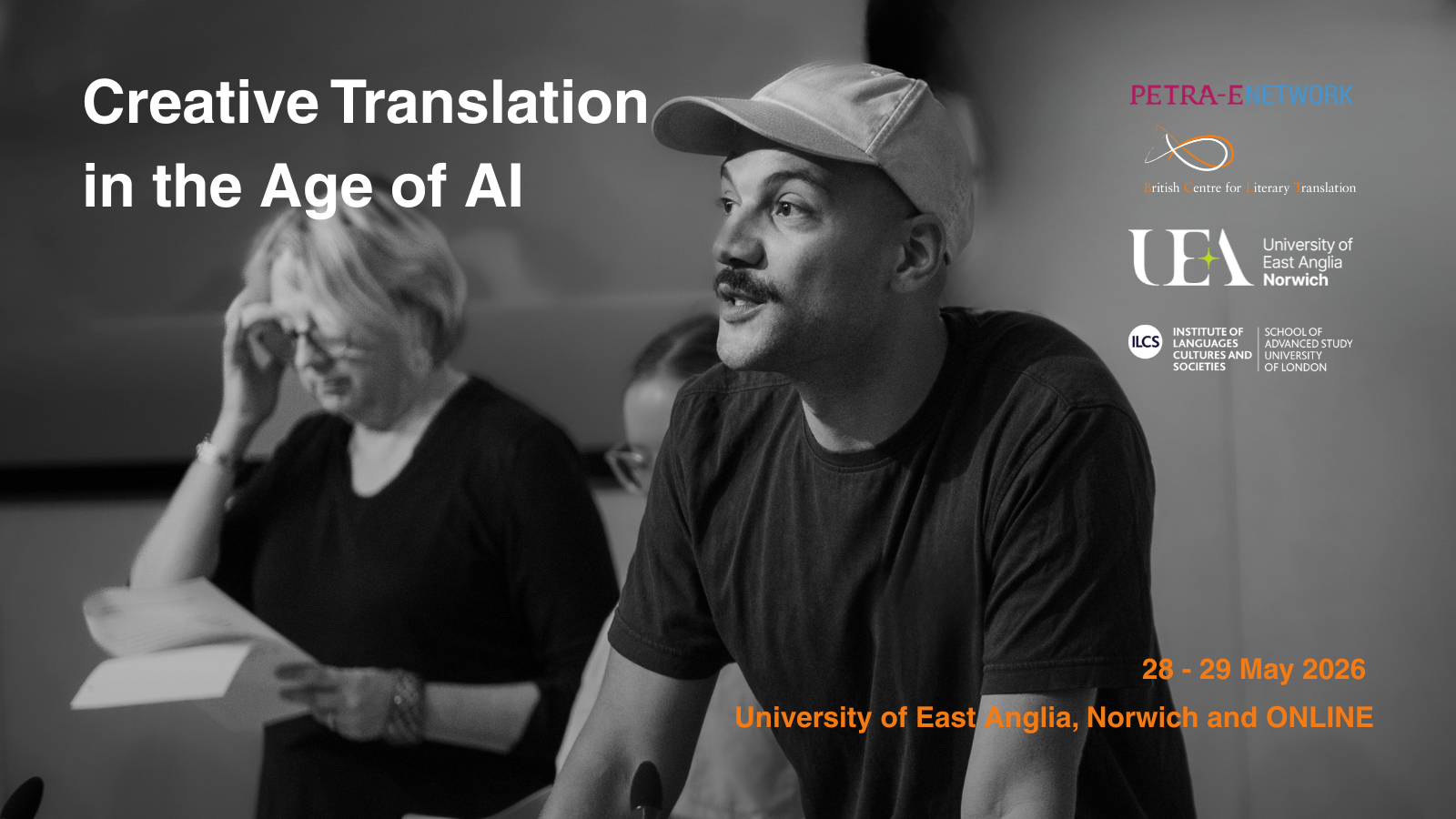 A man speaks at a podium during a conference titled "Creative Translation in the Age of AI," with event details and logos visible.