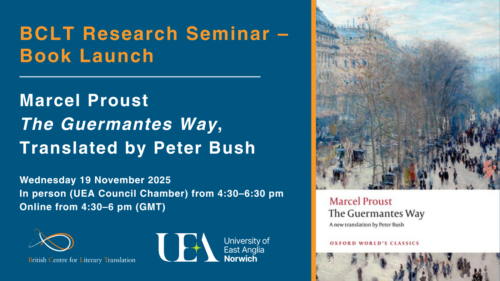 Promotional image for a book launch of "The Guermantes Way" by Marcel Proust, translated by Peter Bush, hosted by BCLT and UEA.