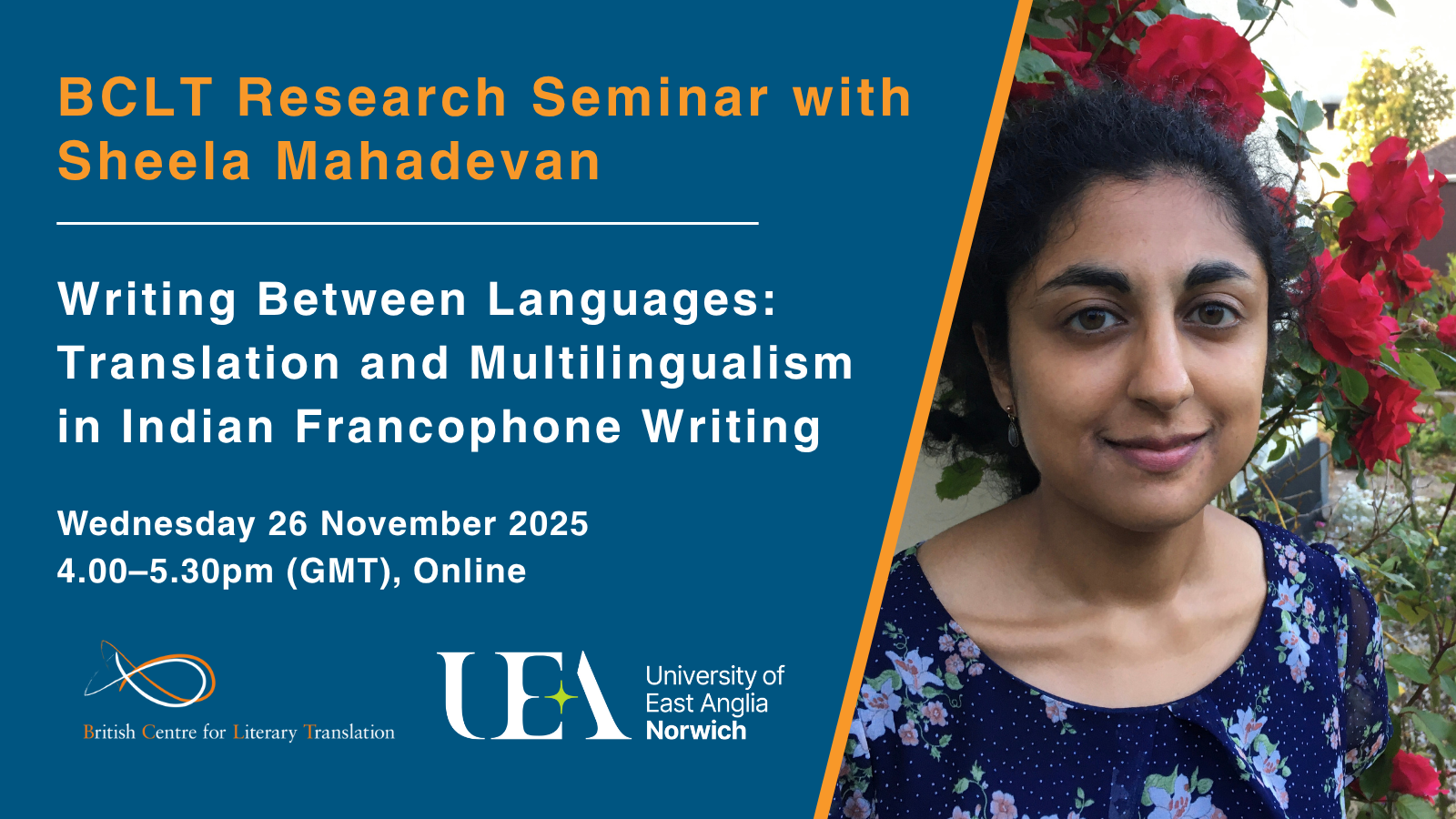 Promotional image for a BCLT research seminar with Sheela Mahadevan on translation and multilingualism, scheduled for November 26, 2025, online.
