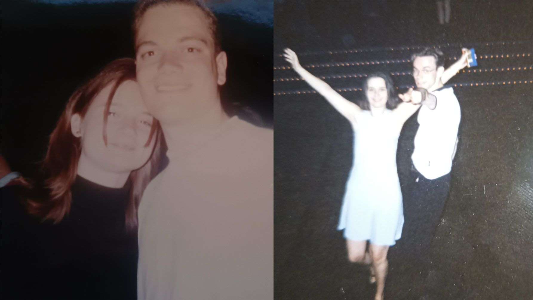 Two photographs, side by side. In the first on the left, a man and a woman smiling at a club. In the second, a man and a woman dancing on the LCR's dancefloor.