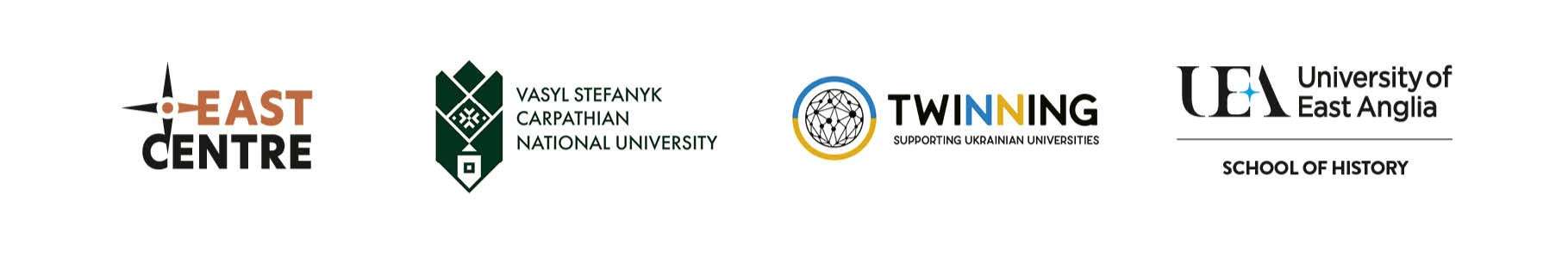 Logos of East Centre, Vasyl Stefanyk Carpathian National University, Twinning, and University of East Anglia School of History.