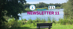 A serene lake with trees, a bench in the foreground, and "June 2025 NEWSLETTER 11" text with logos of NCHE and UEA.
