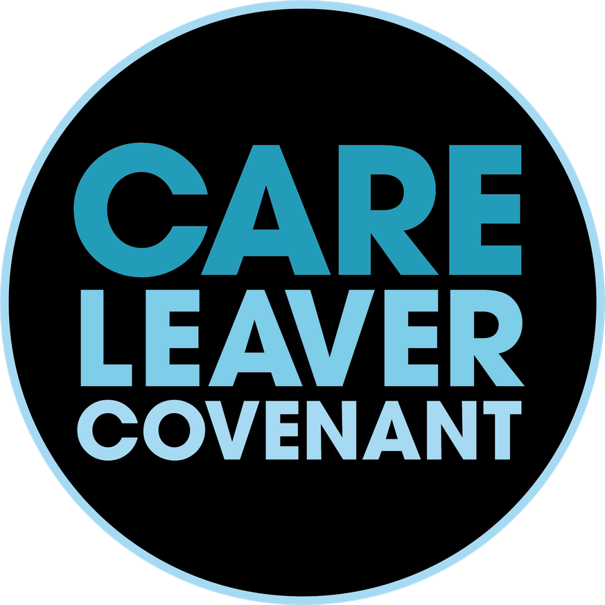 Circular logo with the text "CARE LEAVER COVENANT" in bold blue and white letters on a black background.