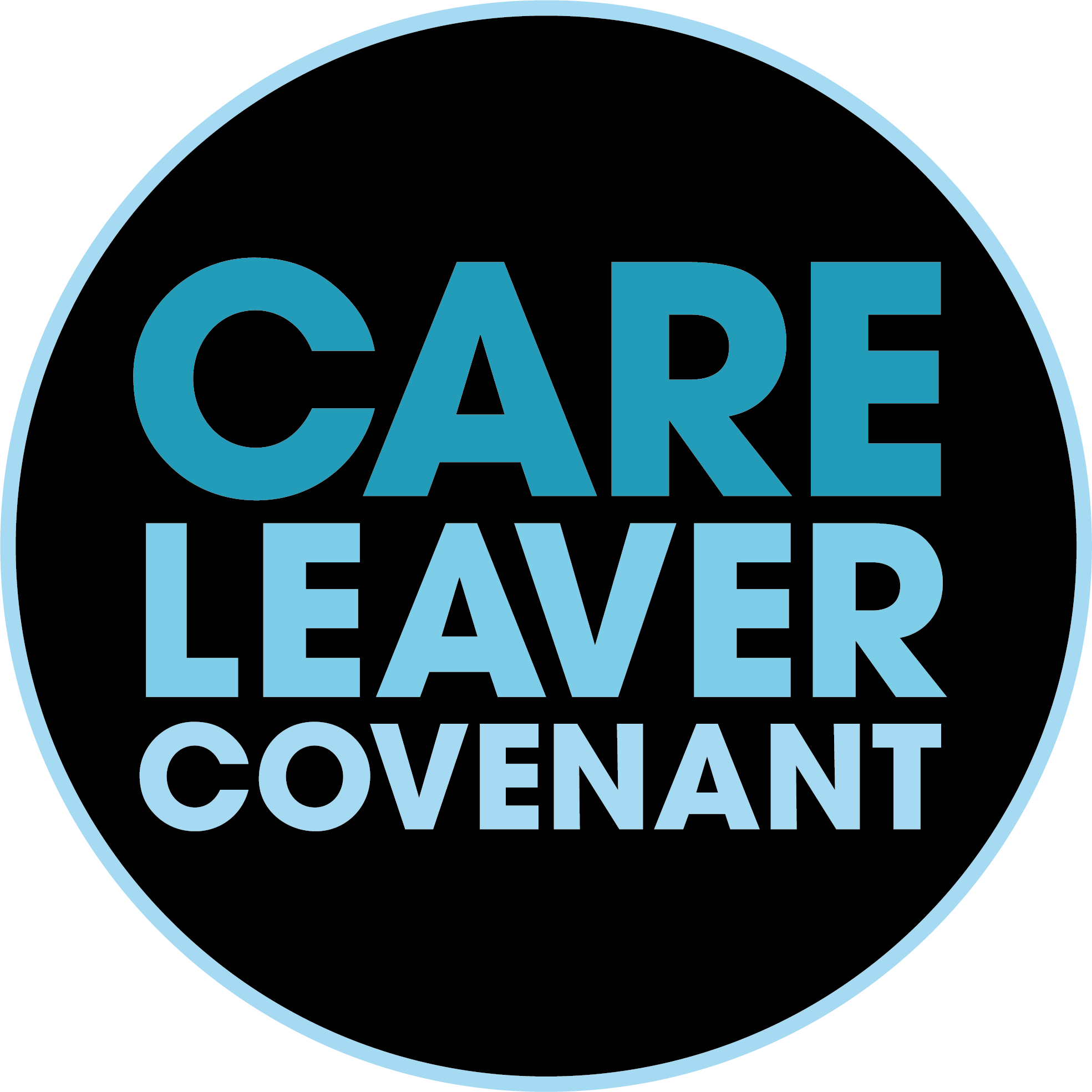 Circular logo with the text "CARE LEAVER COVENANT" in bold blue and white letters on a black background.