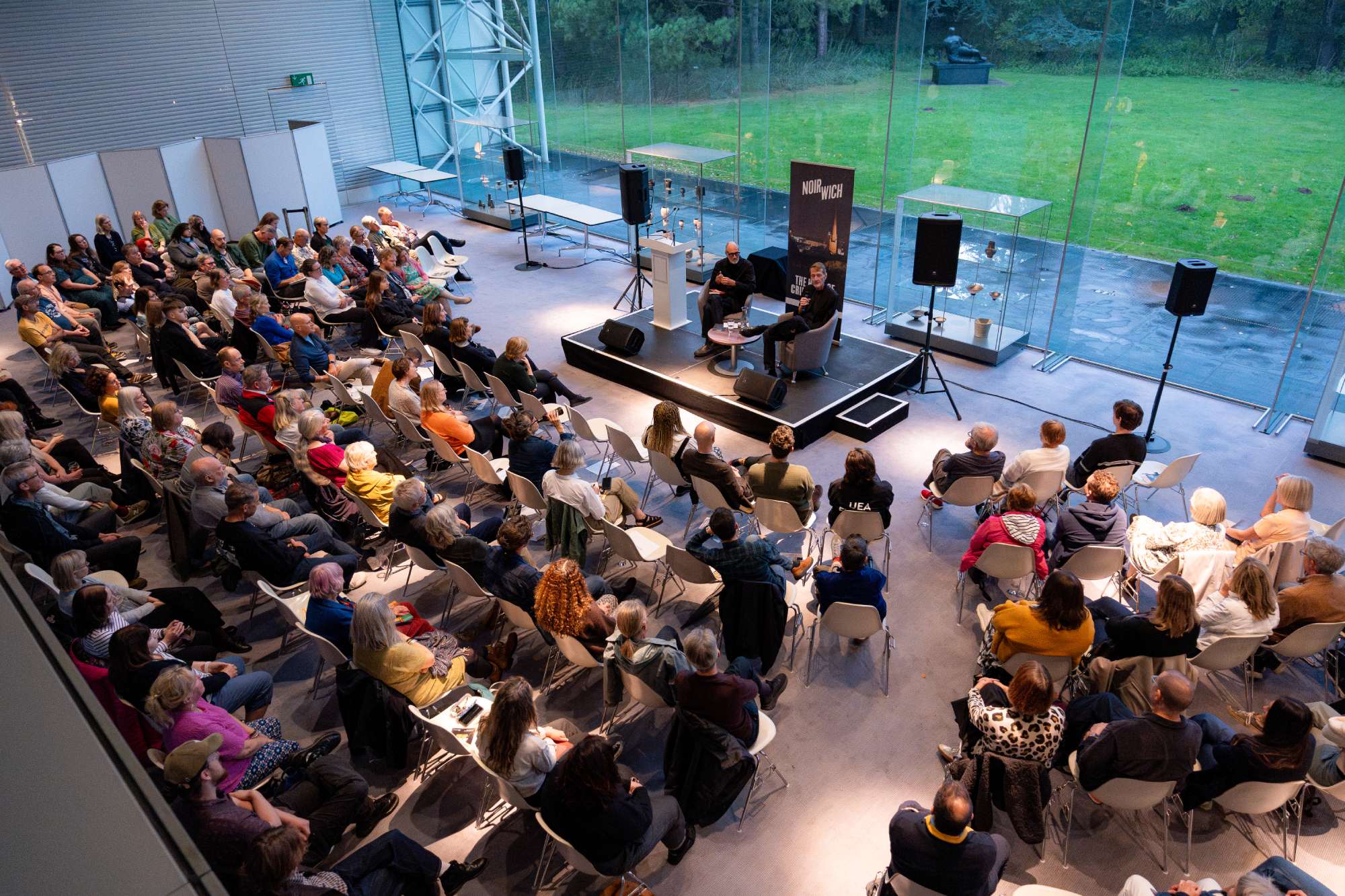Lee Child addressing the audience at a Noirwich event in the Sainsbury Centre.