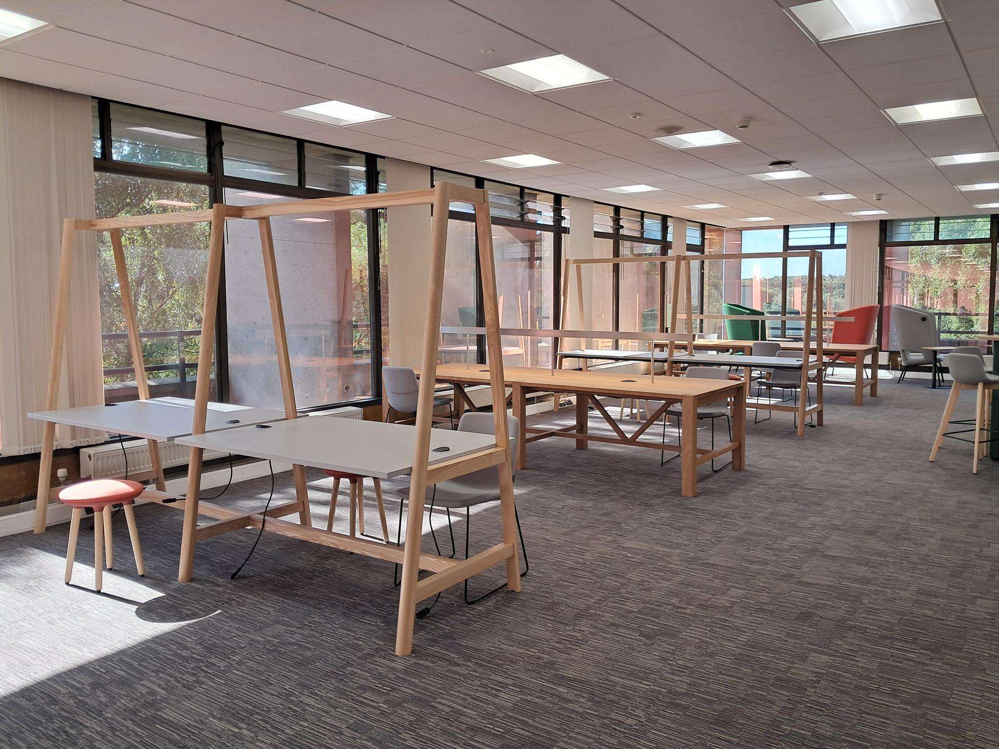 Modern office space with wooden desks, chairs, and dividers. Large windows let in natural light, and the floor is carpeted in gray.