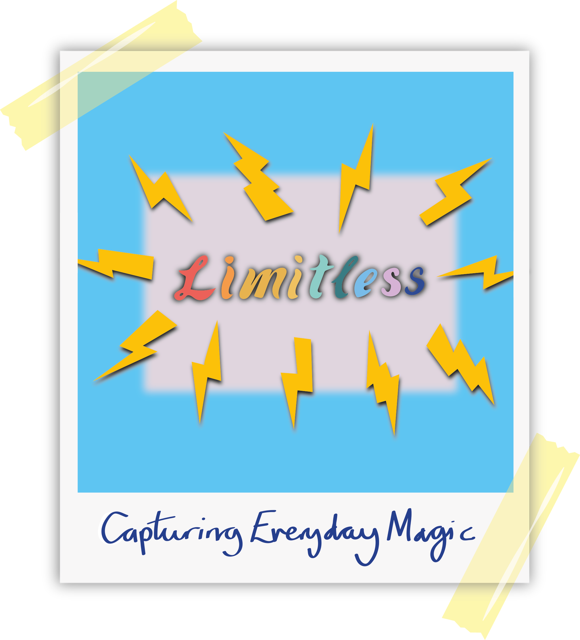 Polaroid picture frame with the word 'Limitless' in rainbow colours, surrounded by lightning bolts. The words 'Capturing Everyday Magic' in handwritten style text below.