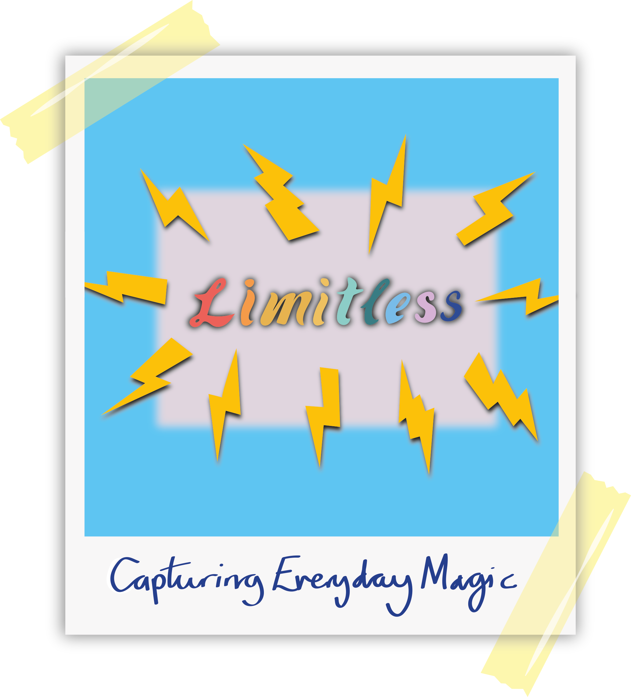 Polaroid picture frame with the word 'Limitless' in rainbow colours, surrounded by lightning bolts. The words 'Capturing Everyday Magic' in handwritten style text below.