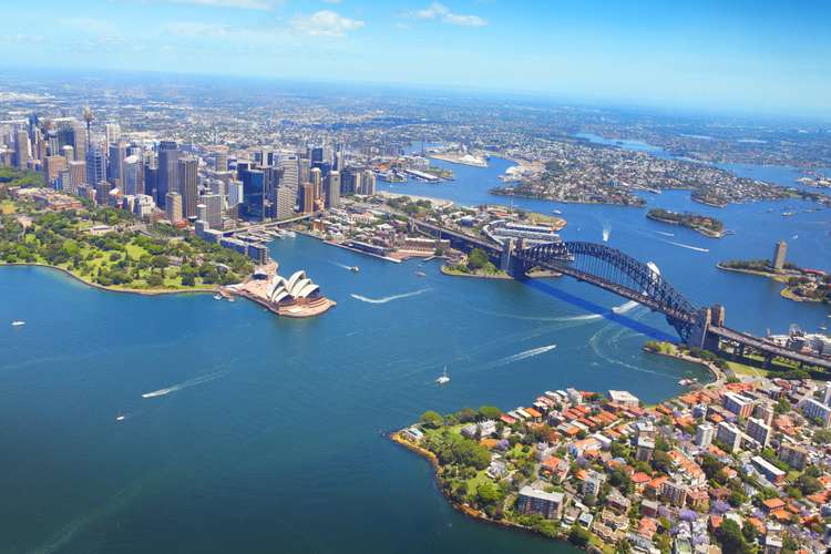 Aerial view of Sydney Opera House and Harbour Bridge