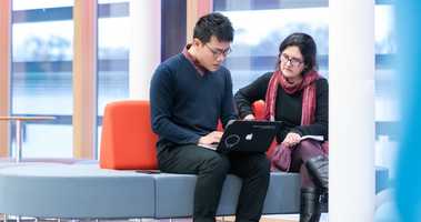 Student and academic looking at laptop