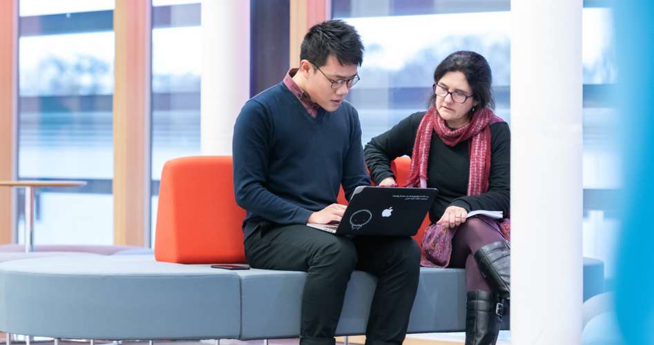Student and academic looking at laptop