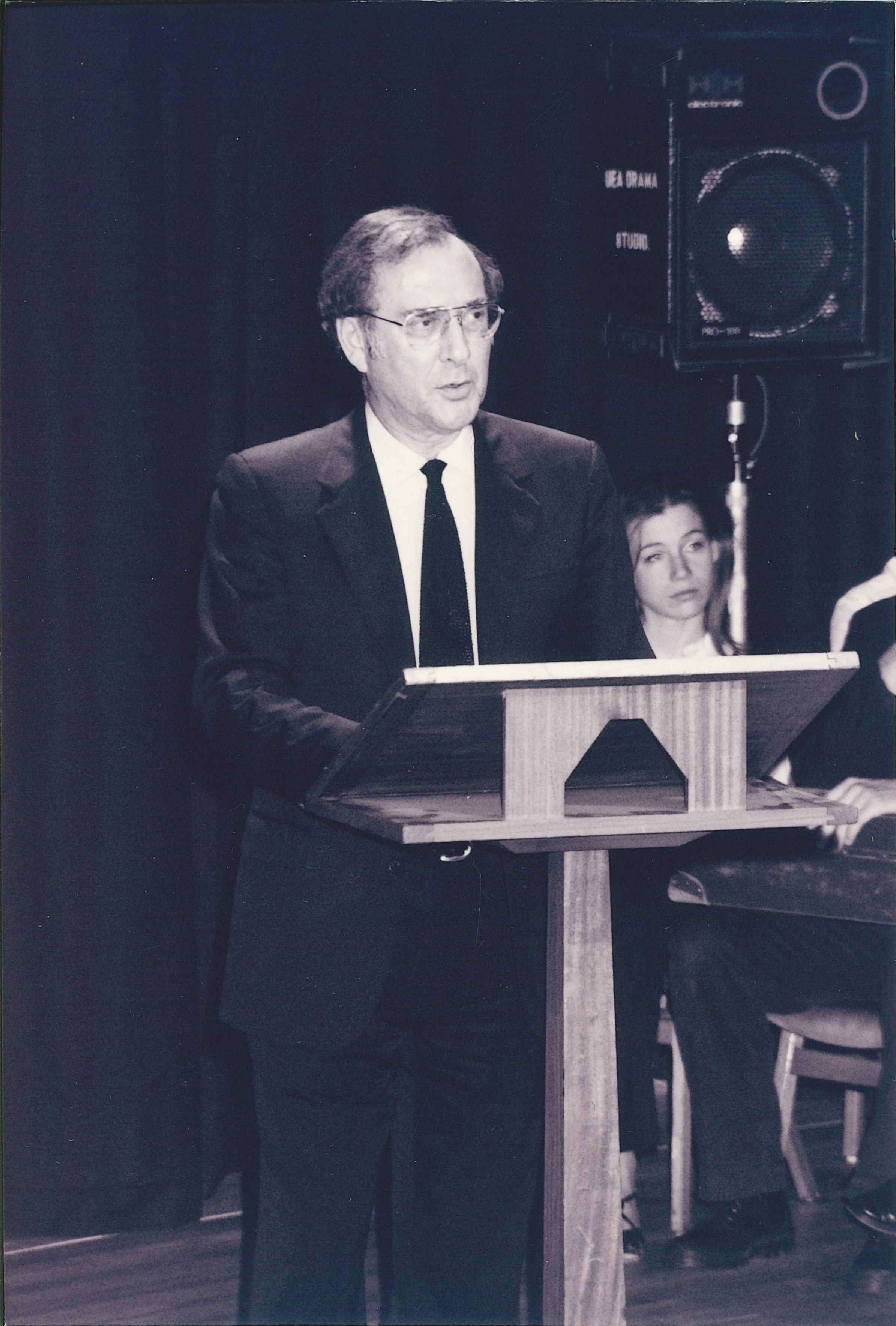 A photo of Harold Pinter opening the UEA Drama Studio.