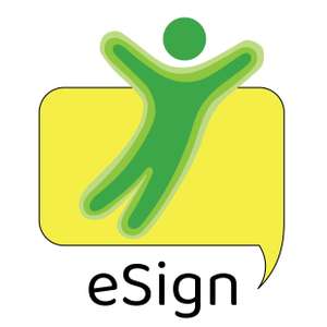 A stylised green person jumping in front of a yellow speech bubble and the text "eSign" at the bottom